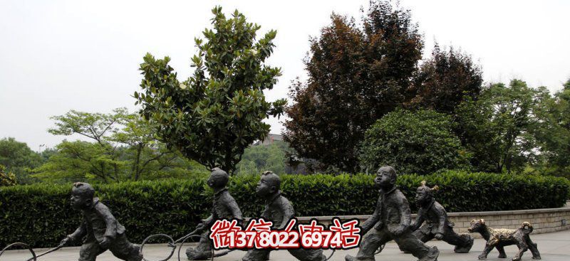推鐵環，兒童奔跑，公園雕塑銅雕
