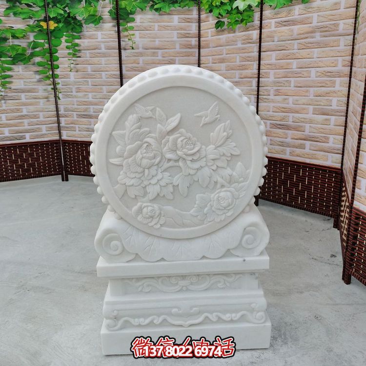 中式風格天然漢白玉石雕抱鼓浮雕門墩，花開富貴