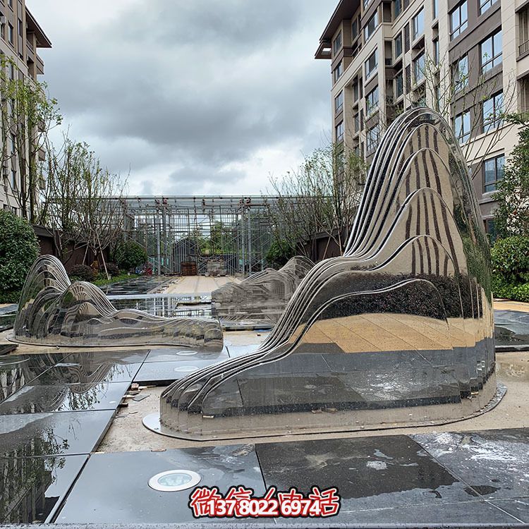 假山雕塑+不銹鋼噴泉，完美結合抽象鏡面美學
