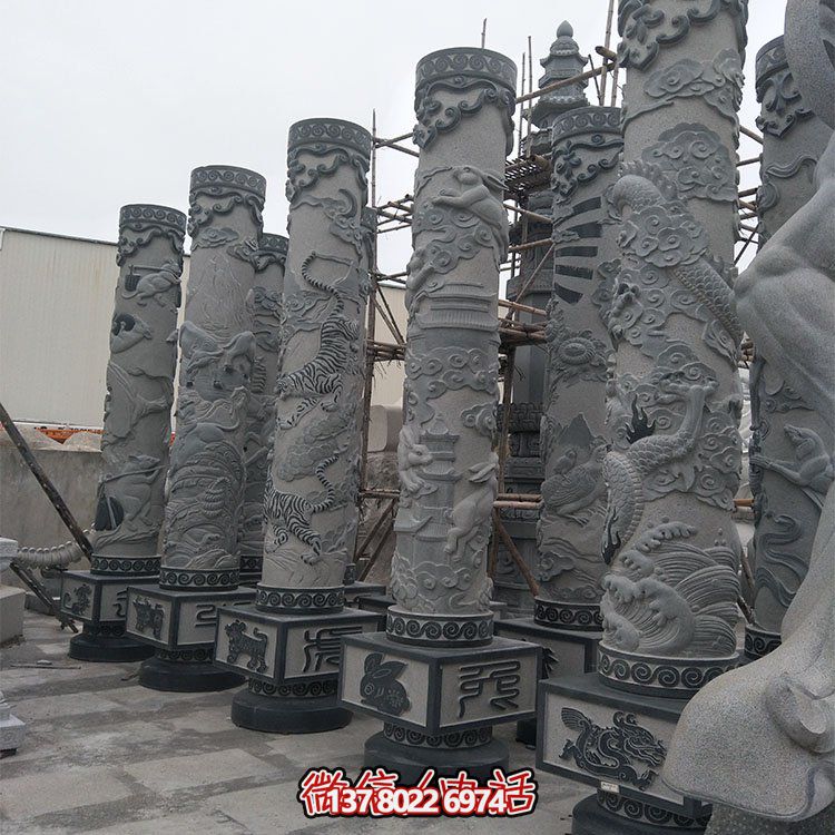 精美石雕十二生肖浮雕，傳承文化，點綴廣場柱子