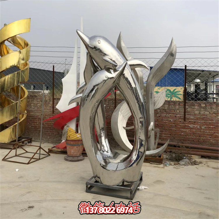 精美不銹鋼海豚雕塑，為您的戶外廣場增添水景鏡面美感