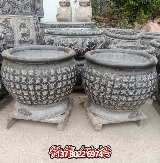 自然美學結合青石石雕、浮雕、編織、雕塑的戶外園林魚缸