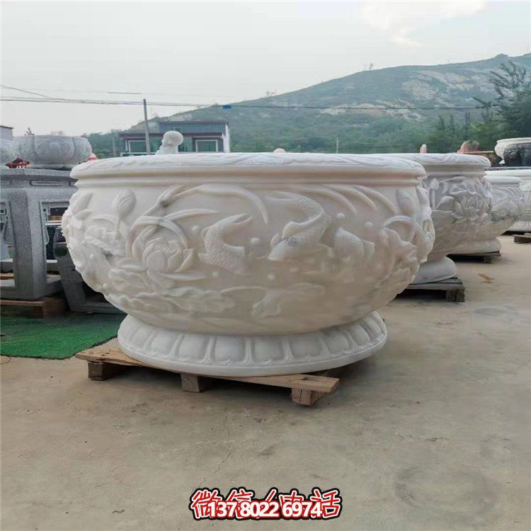 古典經(jīng)典，漢白玉鯉魚雕刻圓形水缸