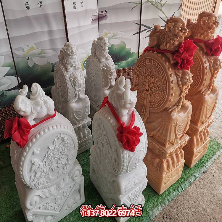 晚霞紅大理石漢白玉石雕庭院門(mén)口鎮(zhèn)宅辟邪抱鼓石雕塑