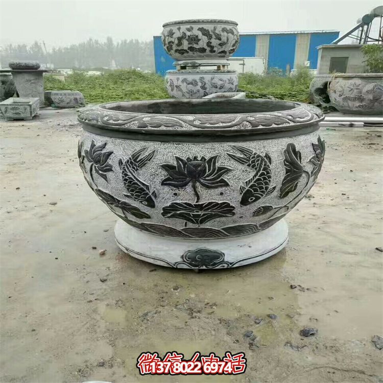 庭院青石石雕雙魚(yú)蓮花花盆雕塑 庭院青石石雕雙魚(yú)蓮花花盆雕塑