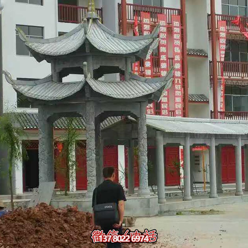 景區庭院擺放青石雕刻長廊雙層休閑涼亭 景區庭院擺放青石雕刻長廊雙層休閑涼亭